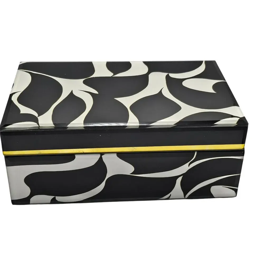 Trina Turk Mirror Print Jewelry Trinket Box Black White Wave Design Gold Trim